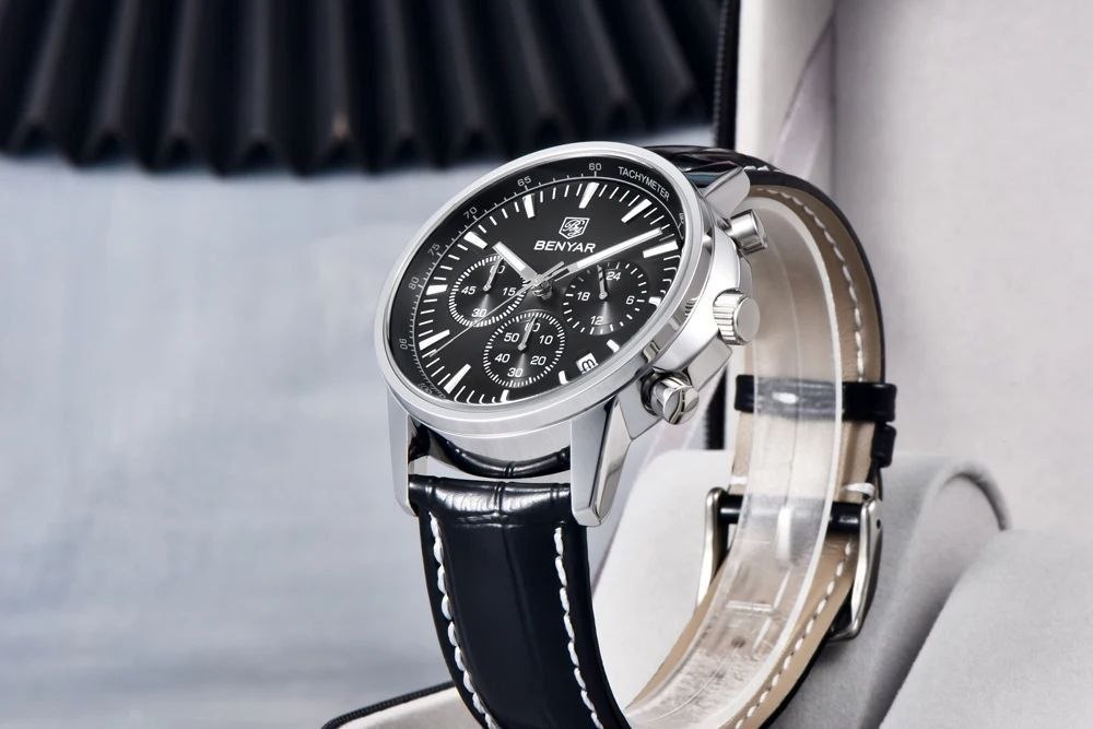 Montre Chronographe Homme BENYAR – Cadran Bleu et Bracelet en Cuir
