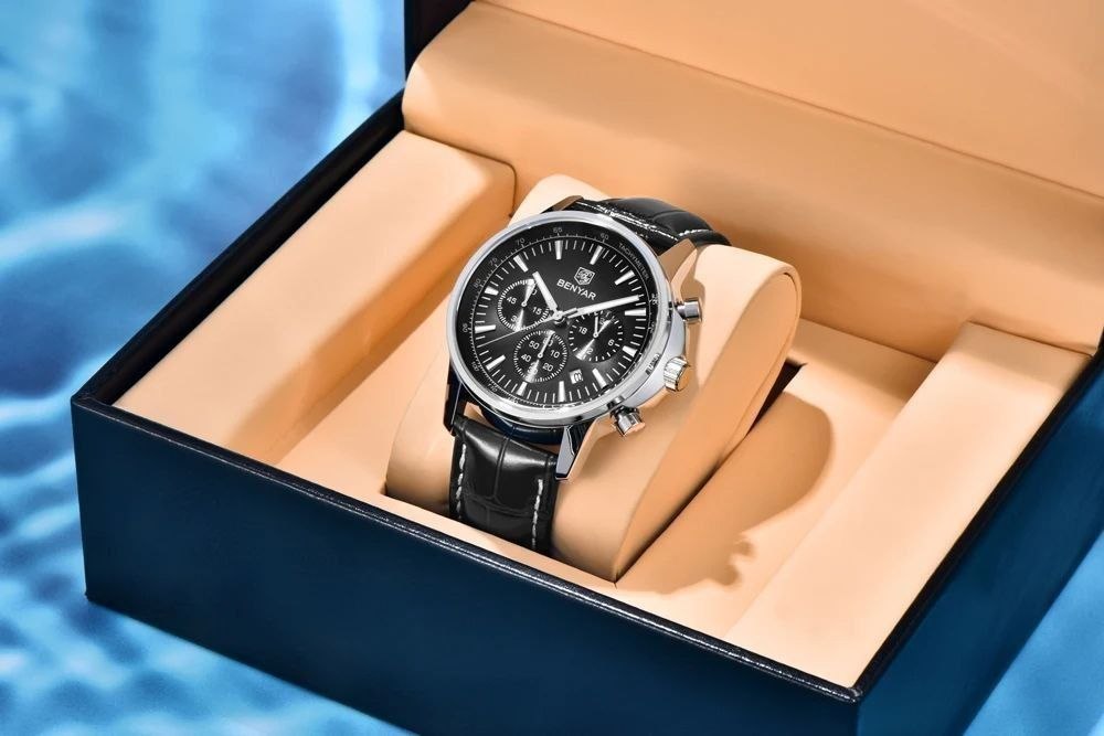 Montre Chronographe Homme BENYAR – Cadran Bleu et Bracelet en Cuir