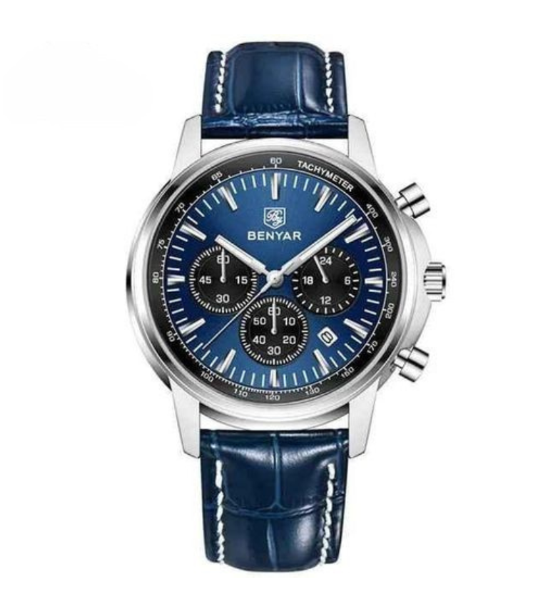 Montre Chronographe Homme BENYAR – Cadran Bleu et Bracelet en Cuir