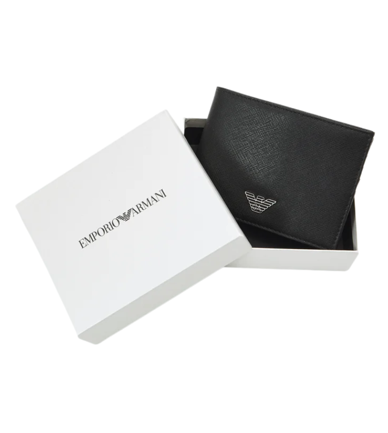 Portefeuille Emporio Armani en cuir grainé avec bande logotée verticale.